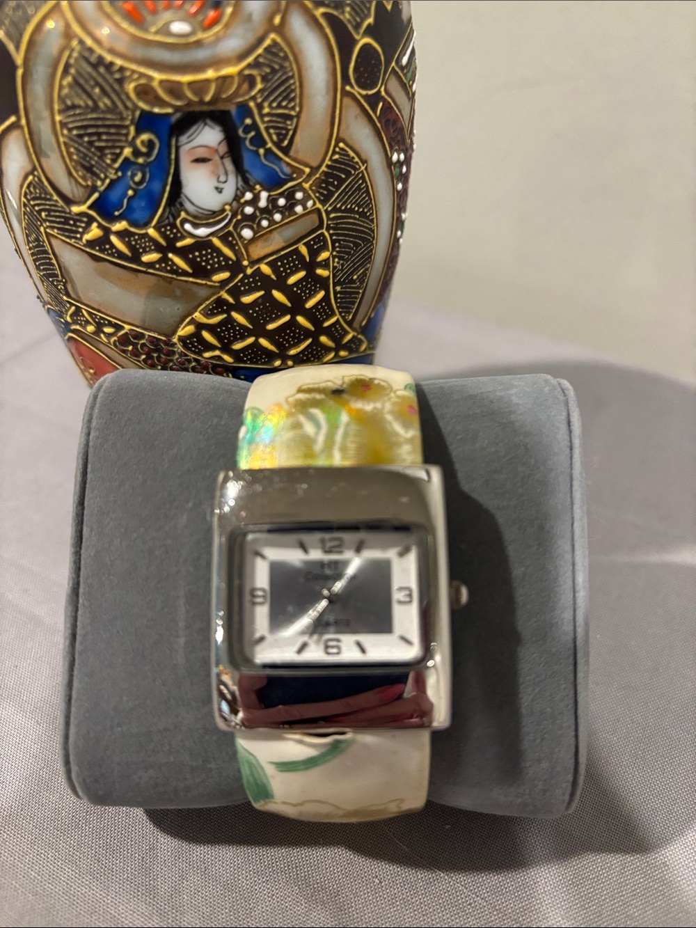 HT Collection Square Silver Quartz Watch with Floral Band